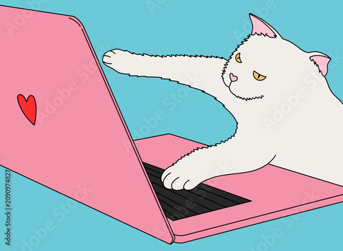 Cute Cartoon of a White Playful Domestic Cat with Yellow Eyes Typing on Pink Laptop Computer against Light Blue Background. Horizontal Banner Remote Work from Home Humor Vector Illustration 