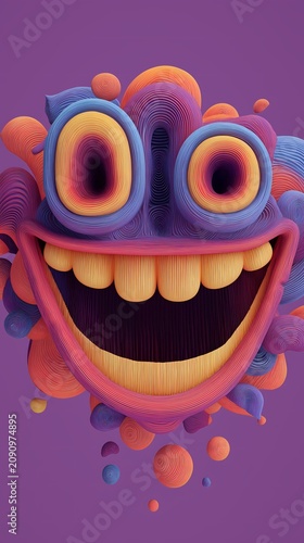 Abstract monster face shows a wide smile.