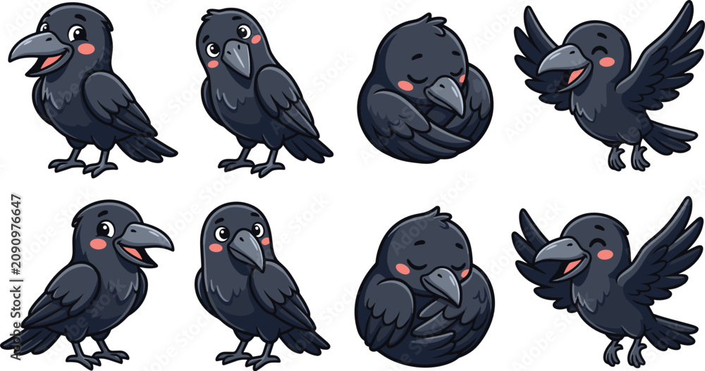 Obraz premium Cute Cartoon Crow Character Collection Featuring Standing, Sitting, Flying, Sleeping and Adorable Bird Poses