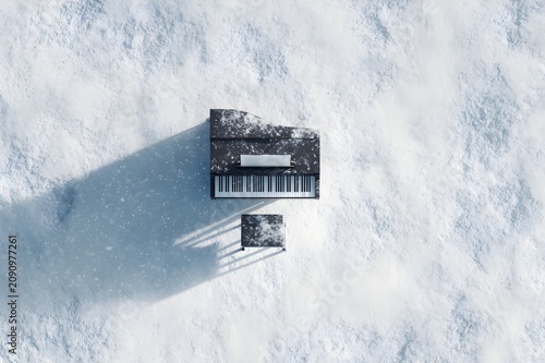 Photorealistic aerial top view of a grand piano standing alone in fresh white snow, perfectly centered composition, piano partially covered in snow, fine snowflakes falling, winter landscape