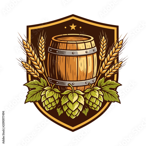 Craft beer brewery shield emblem featuring a traditional wooden barrel surrounded by golden wheat ears and fresh green hop cones. Premium vector label template.
