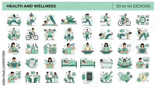 Quadro su tela Comprehensive health and wellness physical activity illustration collection with
