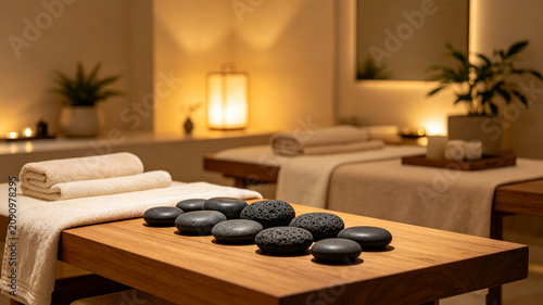 Relaxing spa interior with massage tables, warm ambient lighting, folded towels, and smooth black massage stones on a wooden table.