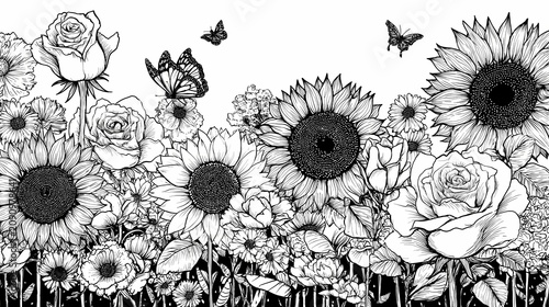 Flowers bloom with butterflies in a drawing.