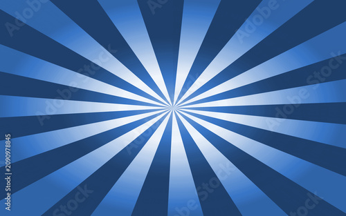 Deep blue and white sunburst radial pattern abstract background, with dynamic rays, of light