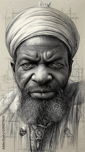Man wearing a turban looks at the camera.