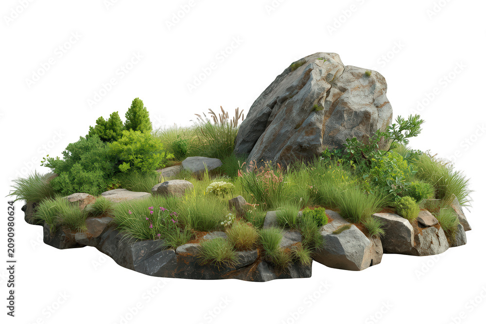 Fototapeta premium Rock garden landscaping with natural stone rocks, green plants, grass, shrubs, and flowering perennials, isolated on transparent background