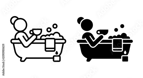 Canvastavla Relaxing Bath Icons: Person Soaking in Bubbles with Coffee, Self-Care Vector Set