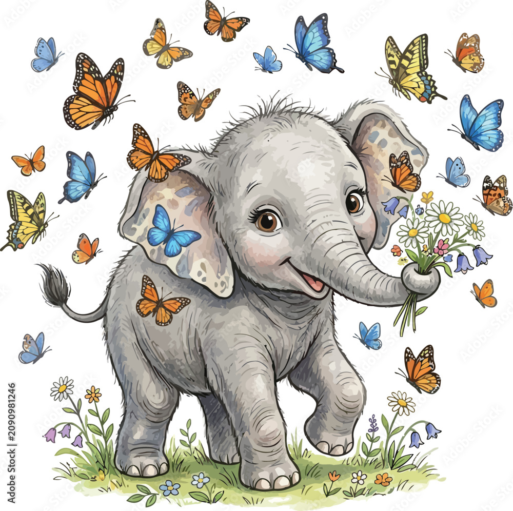 Obraz premium Cute Baby Elephant Holding Flowers Surrounded by Colorful Butterflies Art