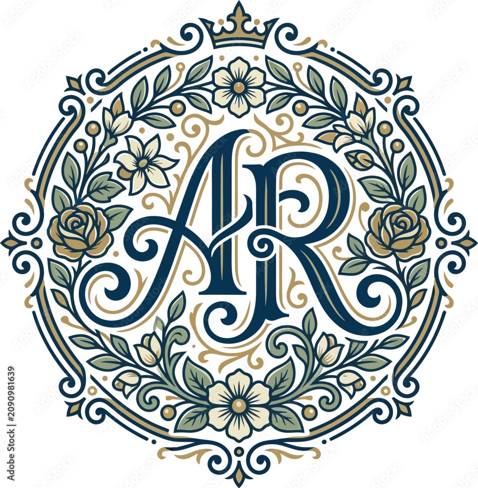 Obraz premium Elegant AR Monogram Logo Design Featuring Floral Wreath and Crown Elements