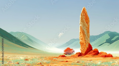 Monolith stands in the center of a desert valley.