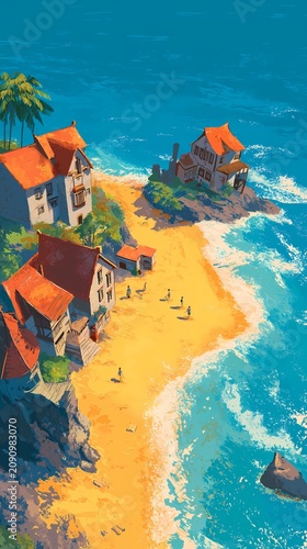 Coastal village sits beside calm blue ocean.