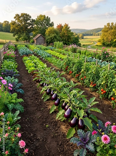 Vegetable garden in a rural landscape with eggplant and tomatoes