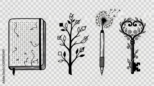 Hand-drawn doodle creativity elements set: journal, stylized tree, sparking pen, and heart key illustration collection.