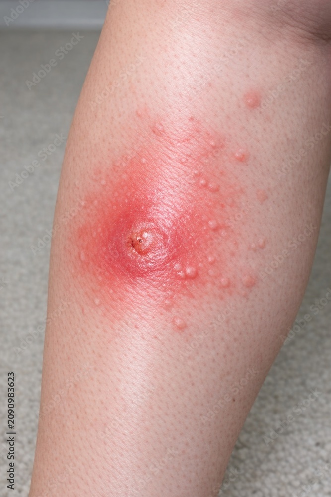 Fototapeta premium A detailed view of a person's leg showing a noticeable red spot, potentially a symptom of an injury or illness