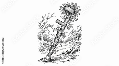 Nature-infused crutch illustration symbolizing healing, growth, and support amidst a magical woodland path, hand-drawn art.