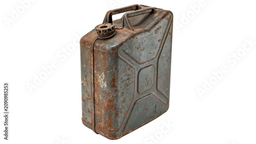 Foto Vintage metallic rusty fuel jerrycan canister utility isolated on transparent ba