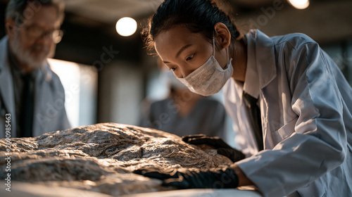 Filipino mortuary science student practicing embalming technique under instructor supervision in a clinical training room, professional focus, ventilated lab setting, academic