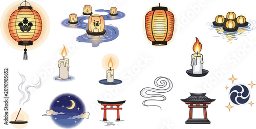 Tableau sur toile Set of Traditional Japanese Lanterns, Candles, Torii Gates, and Spiritual Symbol