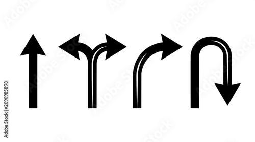 Bild auf Leinwand Set of standard road directional arrows indicating go straight fork split turn r