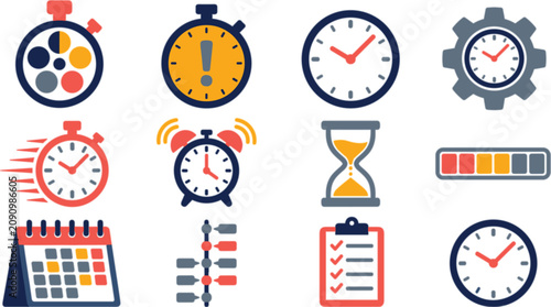Time management icons vector set with productivity clocks dashboard timers planner calendar and corporate business elements on white background