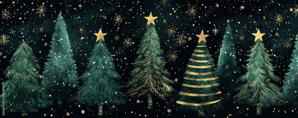 Fototapeta premium Festive pattern of green Christmas trees with golden stars for a cheerful holiday design