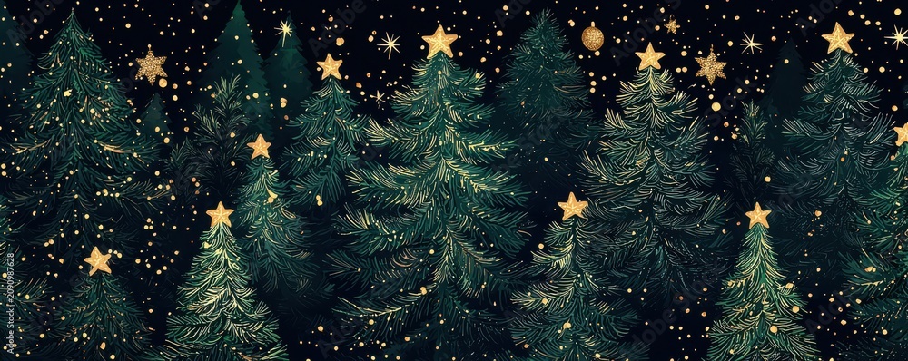 Fototapeta premium A festive pattern of green Christmas trees decorated with gold stars and snowflakes for a holiday-themed background