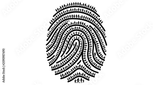 Abstract fingerprint formed by silhouettes of many people, symbolizing global identity, community, and social connection.