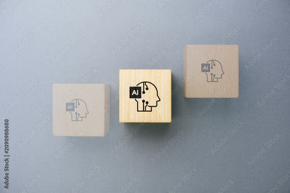 Fototapeta premium Artificial intelligence hallucination concept with wooden blocks representing unreliable AI output, verification and information accuracy