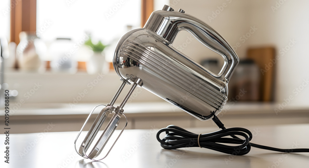 Fototapeta premium Shiny chrome vintage hand mixer on a kitchen counter. Retro electric baking appliance with coiled cord