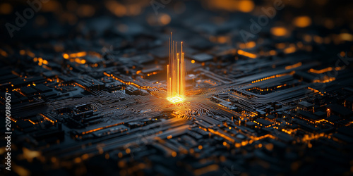 Abstract representation of ai technology and regulation with illuminated circuit patterns in a dark environment