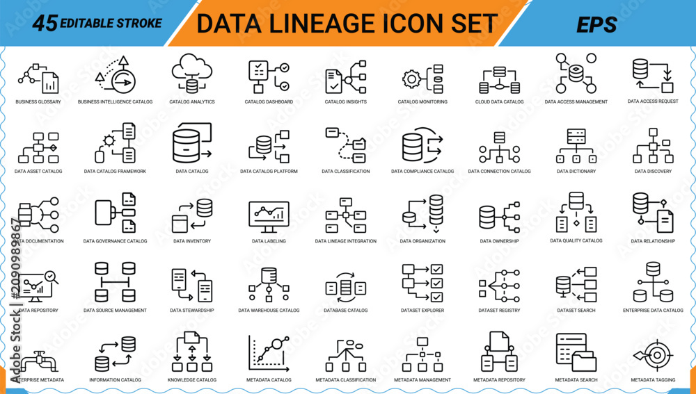 Foto Data lineage icon set with editable stroke eps file for data flow and tracking needs