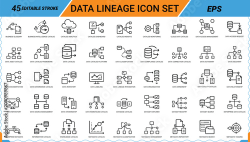 Fotografie Data lineage icon set with editable stroke eps file for data flow and tracking needs