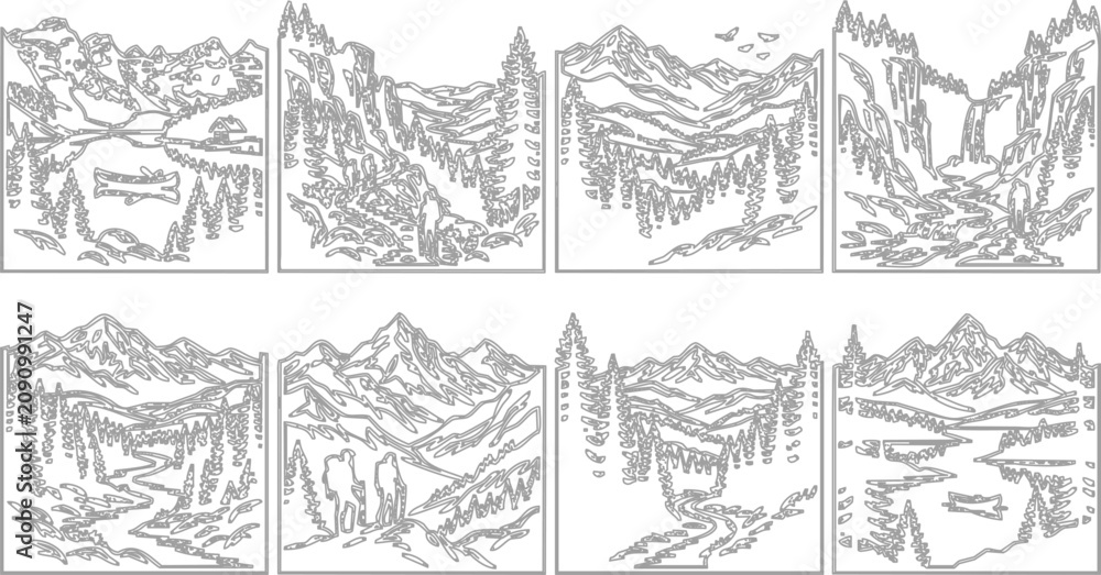 Fototapeta premium Mountain landscape vector illustrations, scenic views, nature backgrounds, 8 panel designs