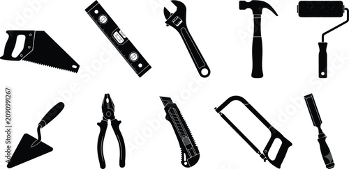 Hand tools silhouette set for construction carpentry renovation home repair and diy workshop projects