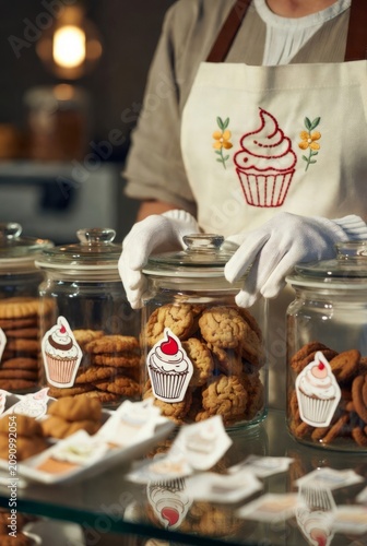 Bakery worker wearing apron and gloves arranging assorted cookies in glass jars with decorative labels. Cozy artisan bakery atmosphere with warm lighting.