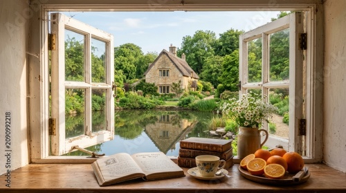 Open window overlooking a picturesque countryside cottage with garden and pond. Cozy interior still life with books, tea cup and fresh oranges in soft natural light.