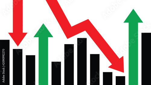 Fotografi Financial stock market crash bar chart vector illustration with plunging red arrow and recovering green arrows on white background