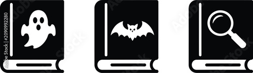 Foto Mystery and horror fiction book icons set featuring spooky ghost flying bat and magnifying glass covers black silhouette vector collection