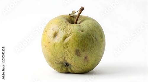 Wrinkled green apple, rotten fruit, isolated on white, decayed apple