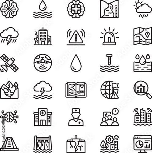 Flood Prediction AI Line Icons Set for Disaster Forecasting, Smart Water Analytics, Climate Risk UI UX Vector Pack