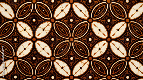 Macro close-up of traditional Javanese batik Kawung motif with geometric palm fruit circle pattern in sogan brown tones, royal heritage