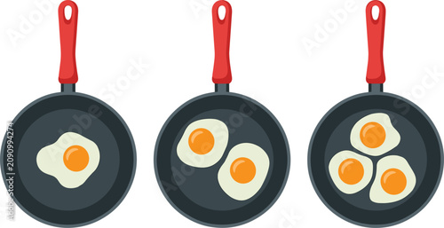Photos Fried eggs in frying pan vector illustration set, top view of cooked sunny side up eggs in skillets isolated on white background for breakfast menu icon