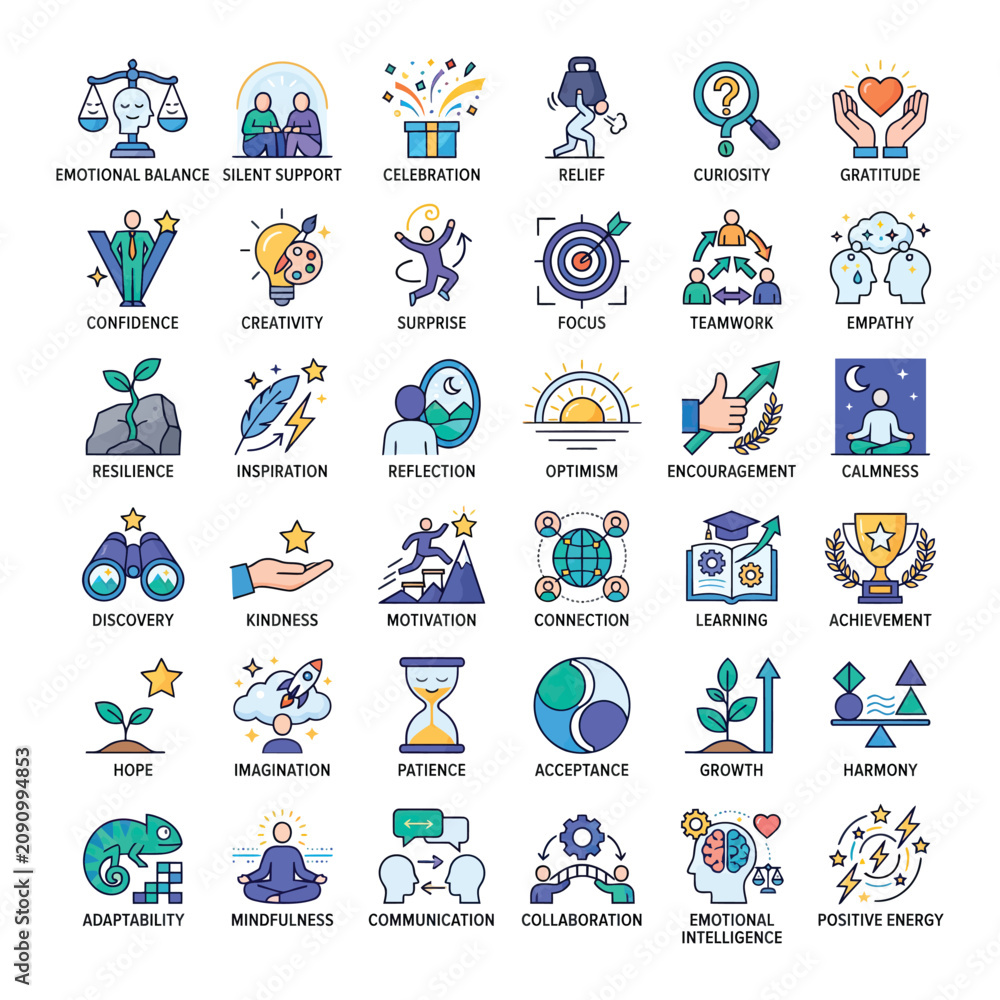 Fototapeta premium Emotional and Psychological Icon Set Depicting Traits of Balance, Growth and Positive Energy