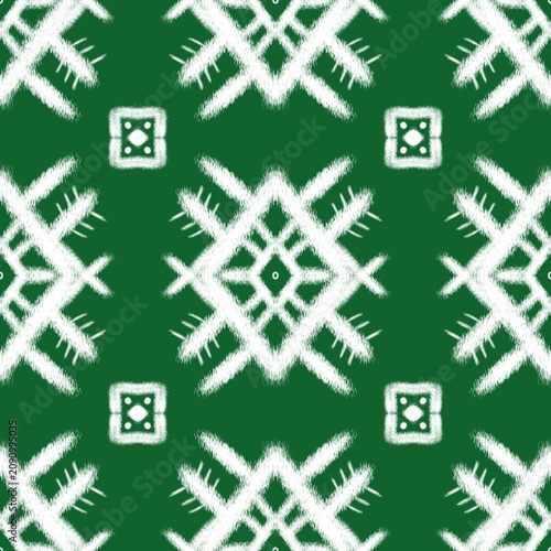 Green and white traditional ikat seamless pattern with hand drawn texture for eco packaging background