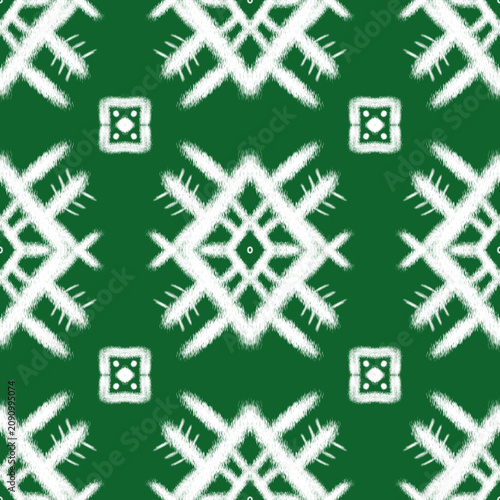 Green and white traditional ikat seamless pattern with hand drawn texture for eco packaging background