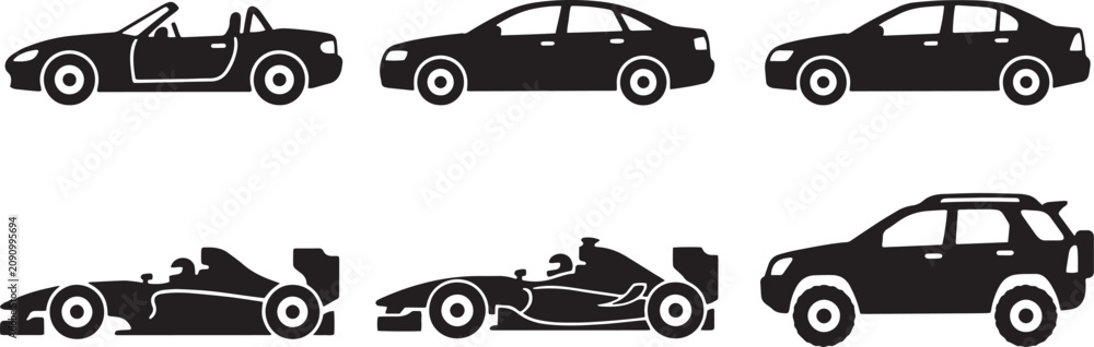 Fototapeta premium Black car silhouettes set, 6 vehicle icons including sedan and suv, flat automotive vector graphics for transport design