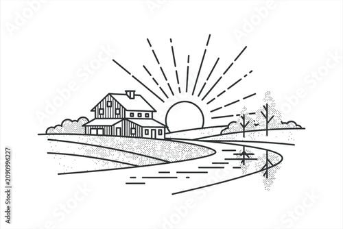 Minimalist Rural House Landscape Line Art