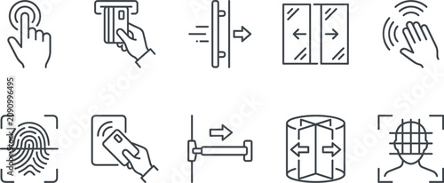 Access Control and Automatic Door Line Icon Set Featuring Biometric Fingerprint, Face Recognition, Card Reader, Touchless Sensor, and Revolving Entrance Symbols