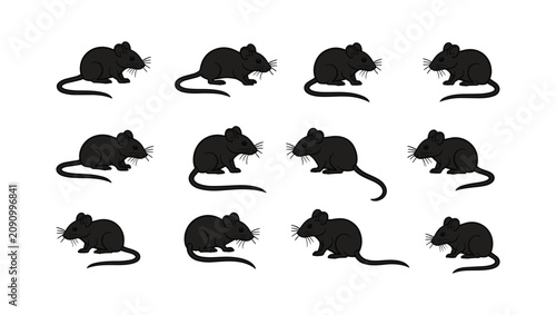 Foto Thirteen Black Mouse Figurines: A collection of thirteen black mouse figurines arranged in a grid formation, symbolizing a swarm or infestation